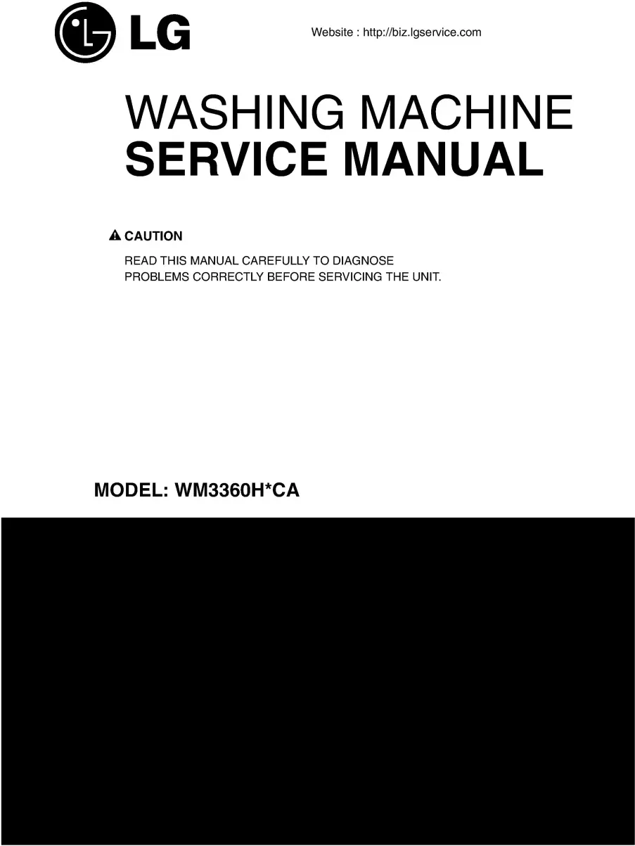 Lg wm3360h wm3360hvca wm3360hwca wm3360hrca service manual cover with LG logo, service website path, washer model codes and service caution notice