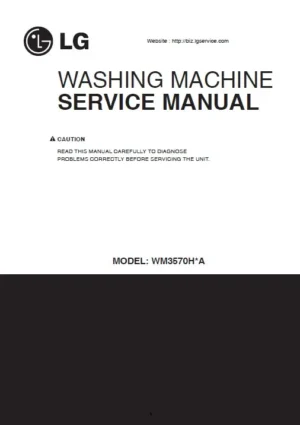 Lg wm3370hra service manual cover with LG logo, service website path, washer model codes and service caution notice