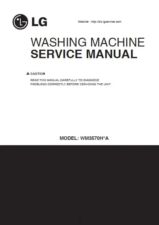 Lg wm3370hra service manual cover with LG logo, service website path, washer model codes and service caution notice