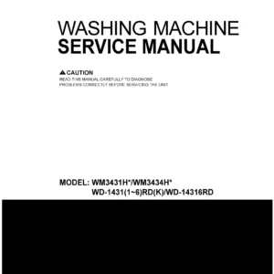 Lg wm3431hs service manual cover with LG logo, service website path, washer model codes and service caution notice