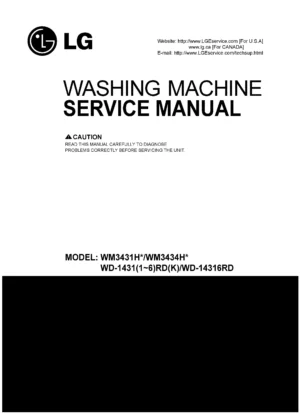 Lg wm3431hs service manual cover with LG logo, service website path, washer model codes and service caution notice