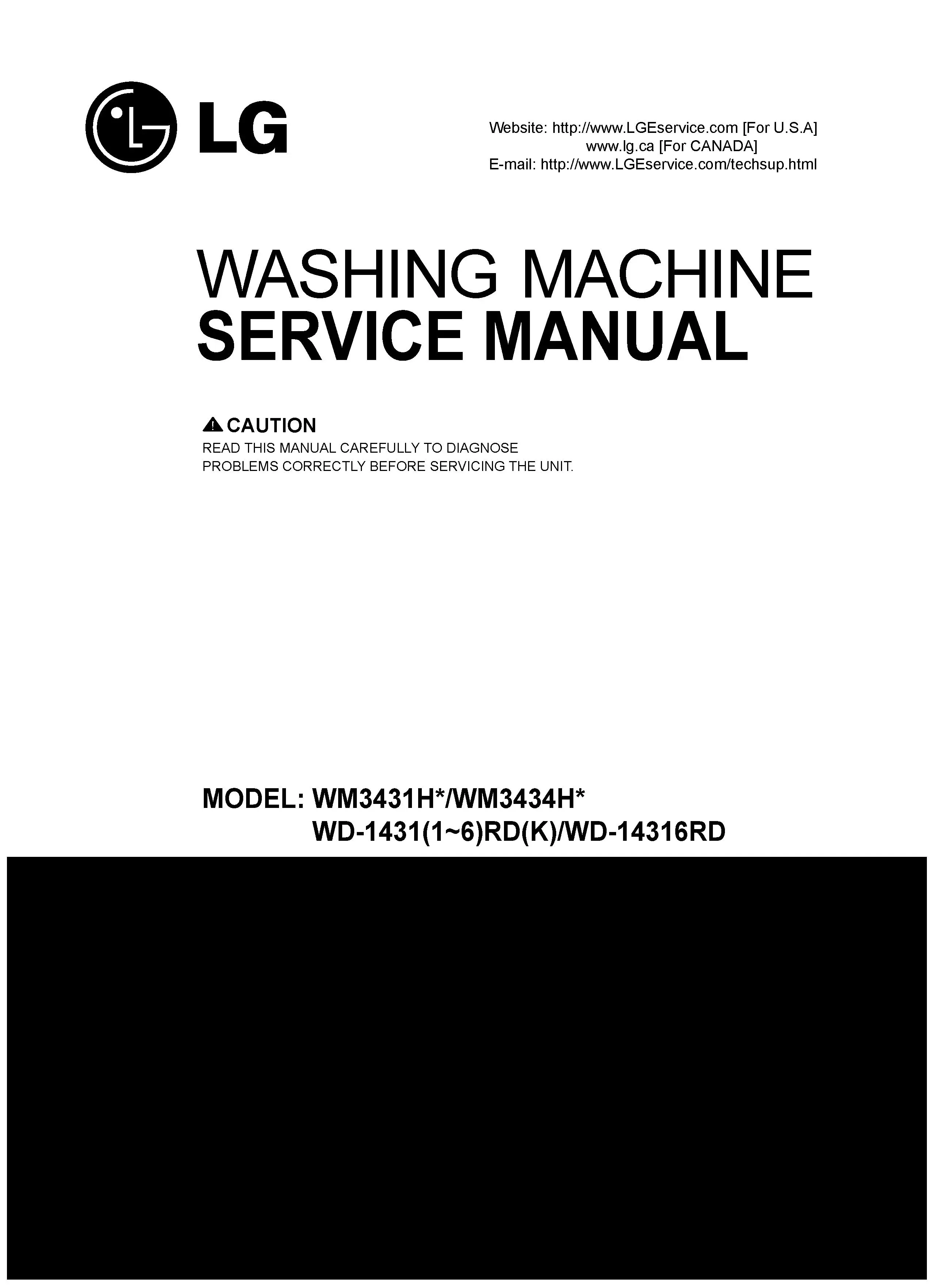 Lg wm3431hs service manual cover with LG logo, service website path, washer model codes and service caution notice