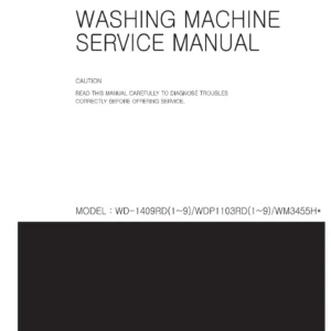 Lg wm3455hs wm3455hw service manual cover with LG logo, service website path, washer model codes and service caution notice