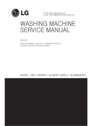 Lg wm3455hs wm3455hw service manual cover with LG logo, service website path, washer model codes and service caution notice