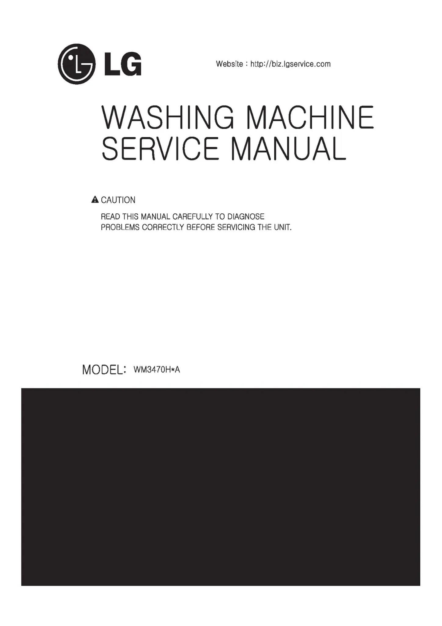 Lg wm3470h a service manual cover with LG logo, service website path, washer model codes and service caution notice