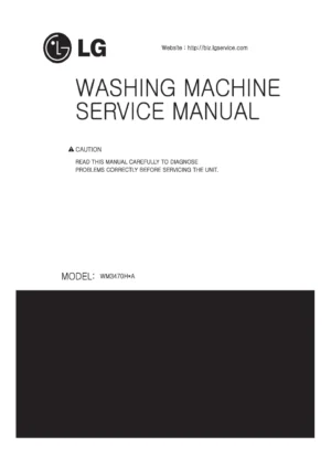 Lg wm3470hwa service manual cover with LG logo, service website path, washer model codes and service caution notice