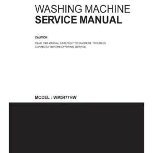 Lg wm3477hs service manual cover with LG logo, service website path, washer model codes and service caution notice