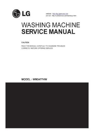 Lg wm3477hs service manual cover with LG logo, service website path, washer model codes and service caution notice