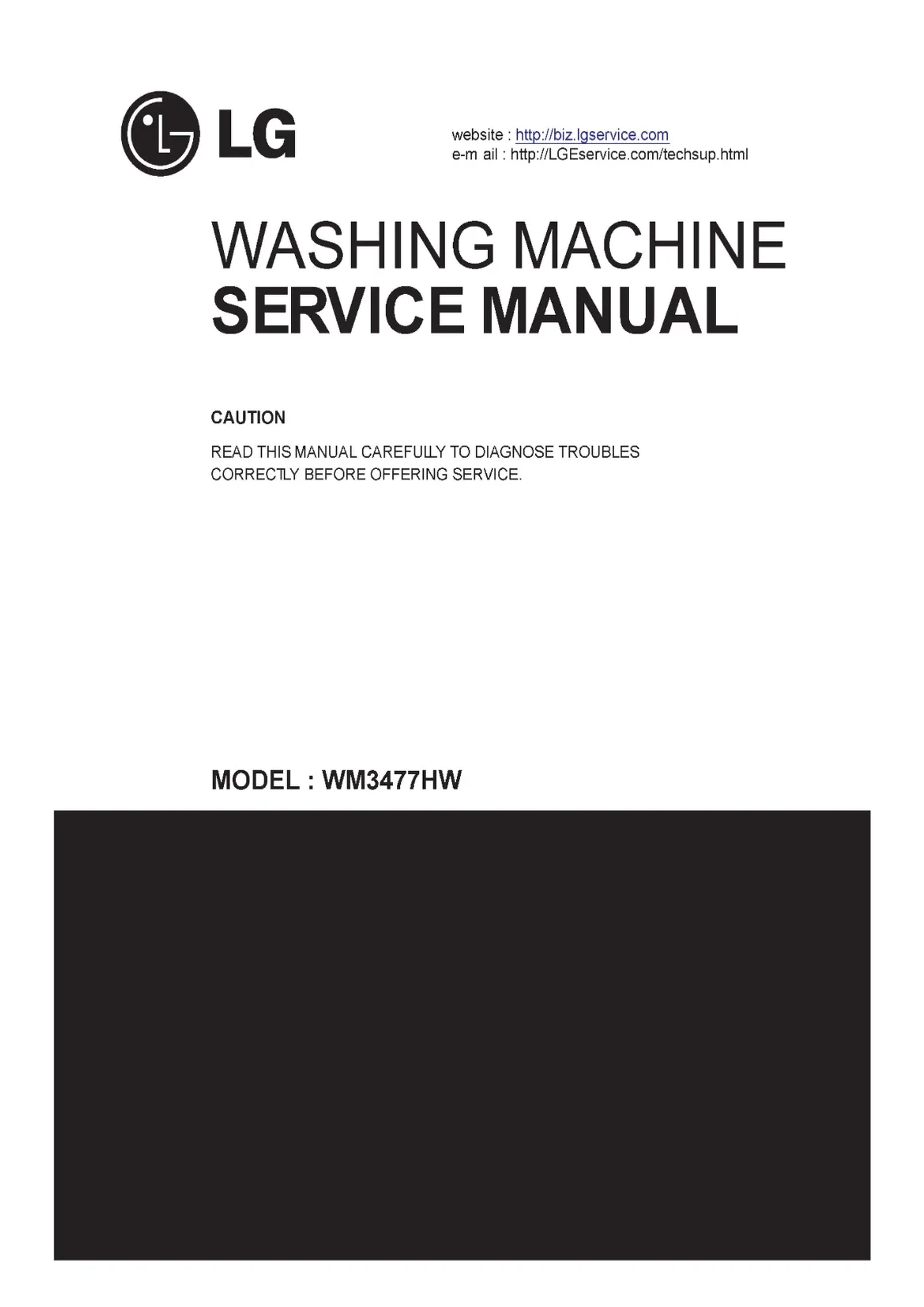 Lg wm3477hs service manual cover with LG logo, service website path, washer model codes and service caution notice