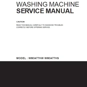 Lg wm3477hs wm3477hw service manual cover with LG logo, service website path, washer model codes and service caution notice