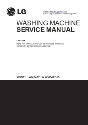 Lg wm3477hs wm3477hw service manual cover with LG logo, service website path, washer model codes and service caution notice
