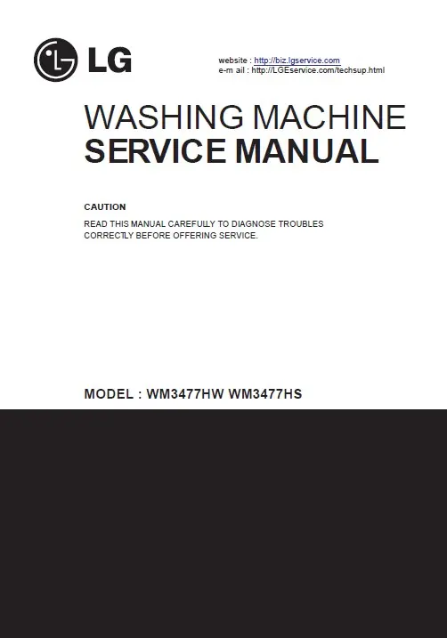 Lg wm3477hs wm3477hw service manual cover with LG logo, service website path, washer model codes and service caution notice
