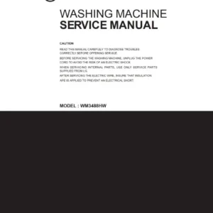 Lg wm3488hs service manual cover with LG logo, service website path, washer model codes and service caution notice