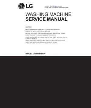 Lg wm3488hs service manual cover with LG logo, service website path, washer model codes and service caution notice