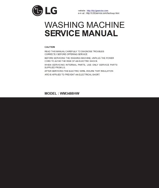 Lg wm3488hs service manual cover with LG logo, service website path, washer model codes and service caution notice