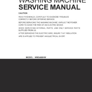 Lg wm3488hw service manual cover with LG logo, service website path, washer model codes and service caution notice