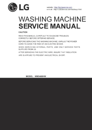 Lg wm3488hw service manual cover with LG logo, service website path, washer model codes and service caution notice