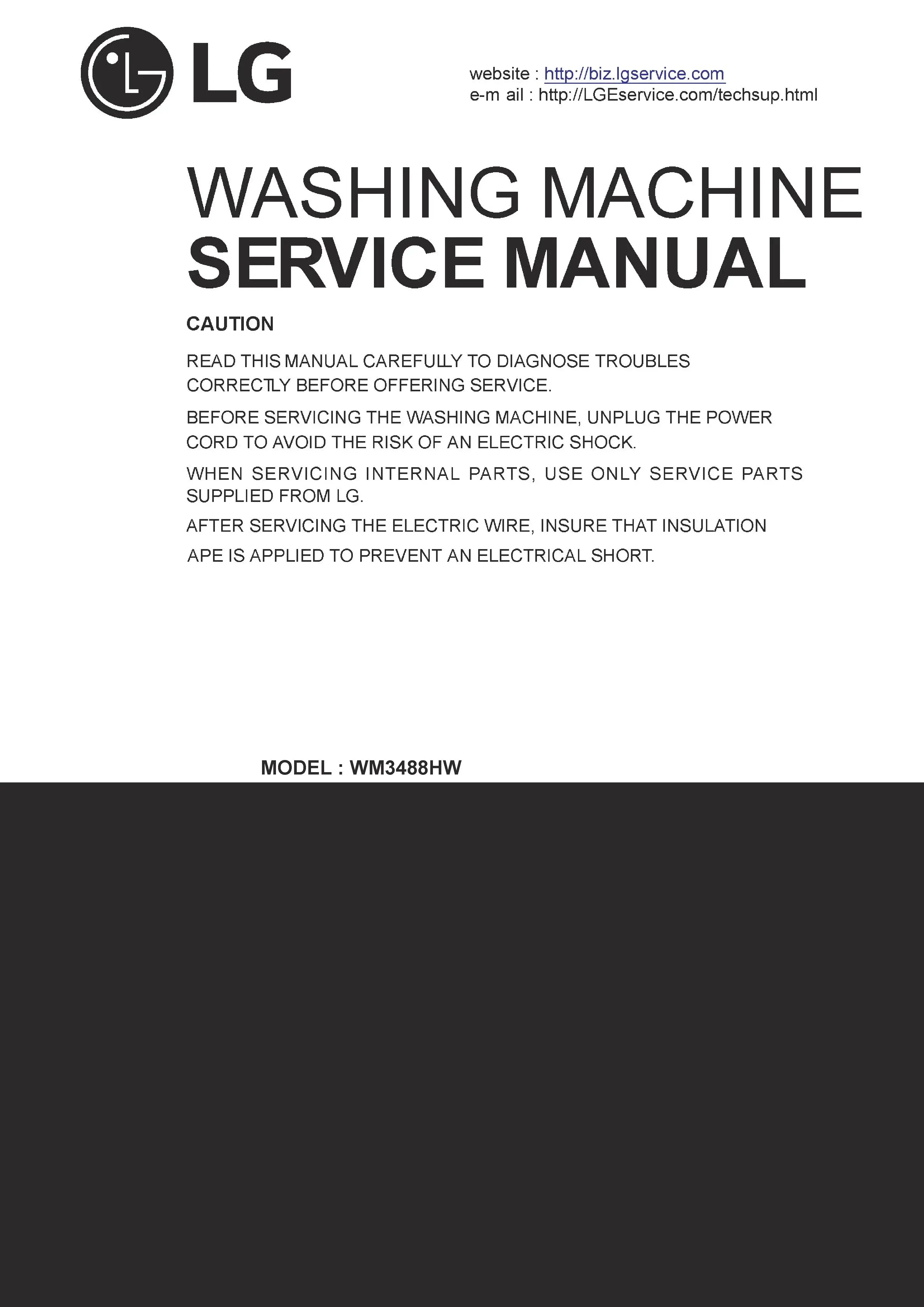 Lg wm3488hw service manual cover with LG logo, service website path, washer model codes and service caution notice