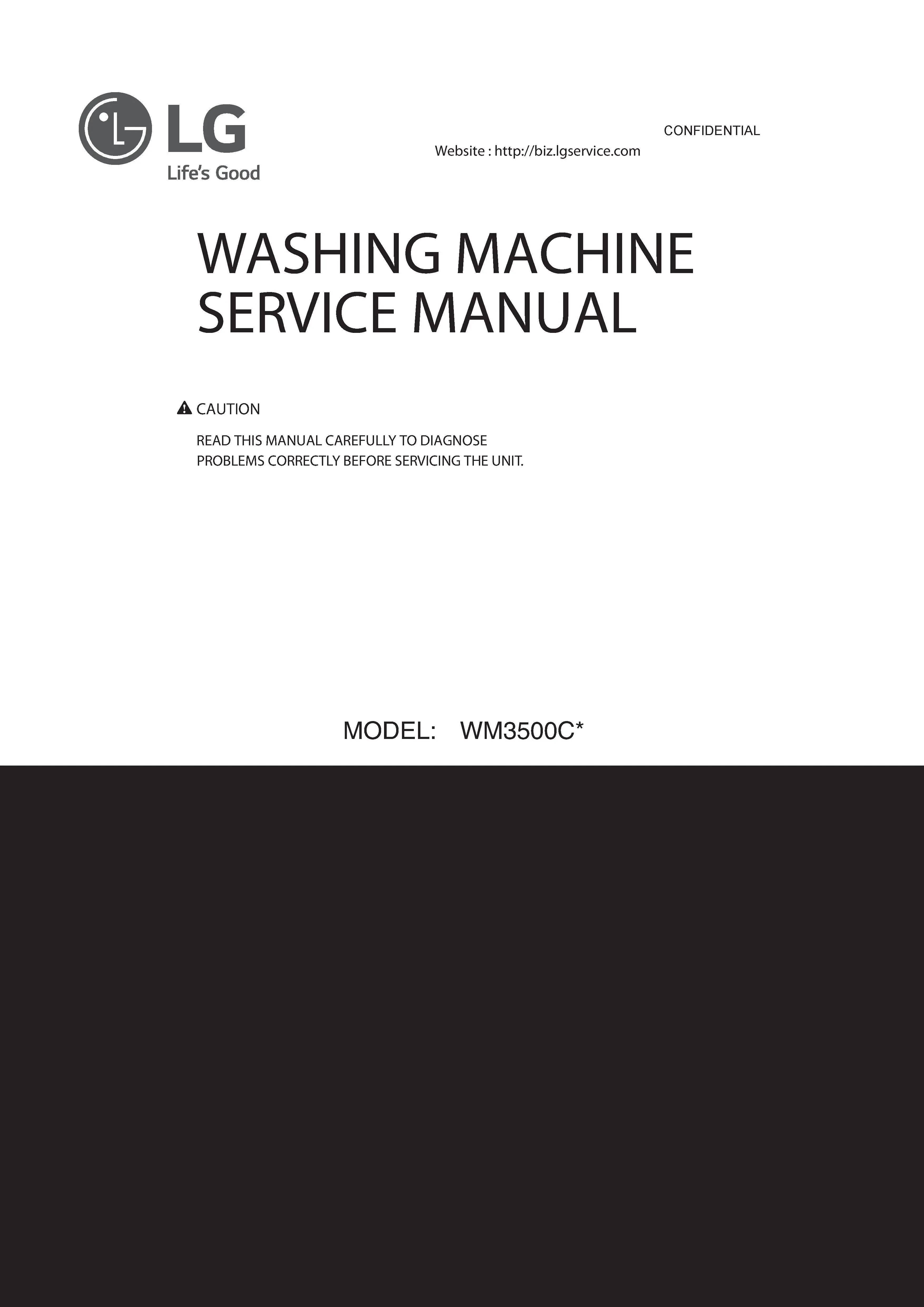 Lg wm3500cw service manual cover with LG logo, service website path, washer model codes and service caution notice