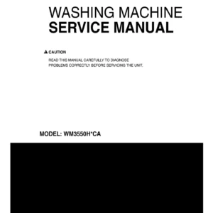 Lg wm3550hvca service manual cover with LG logo, service website path, washer model codes and service caution notice