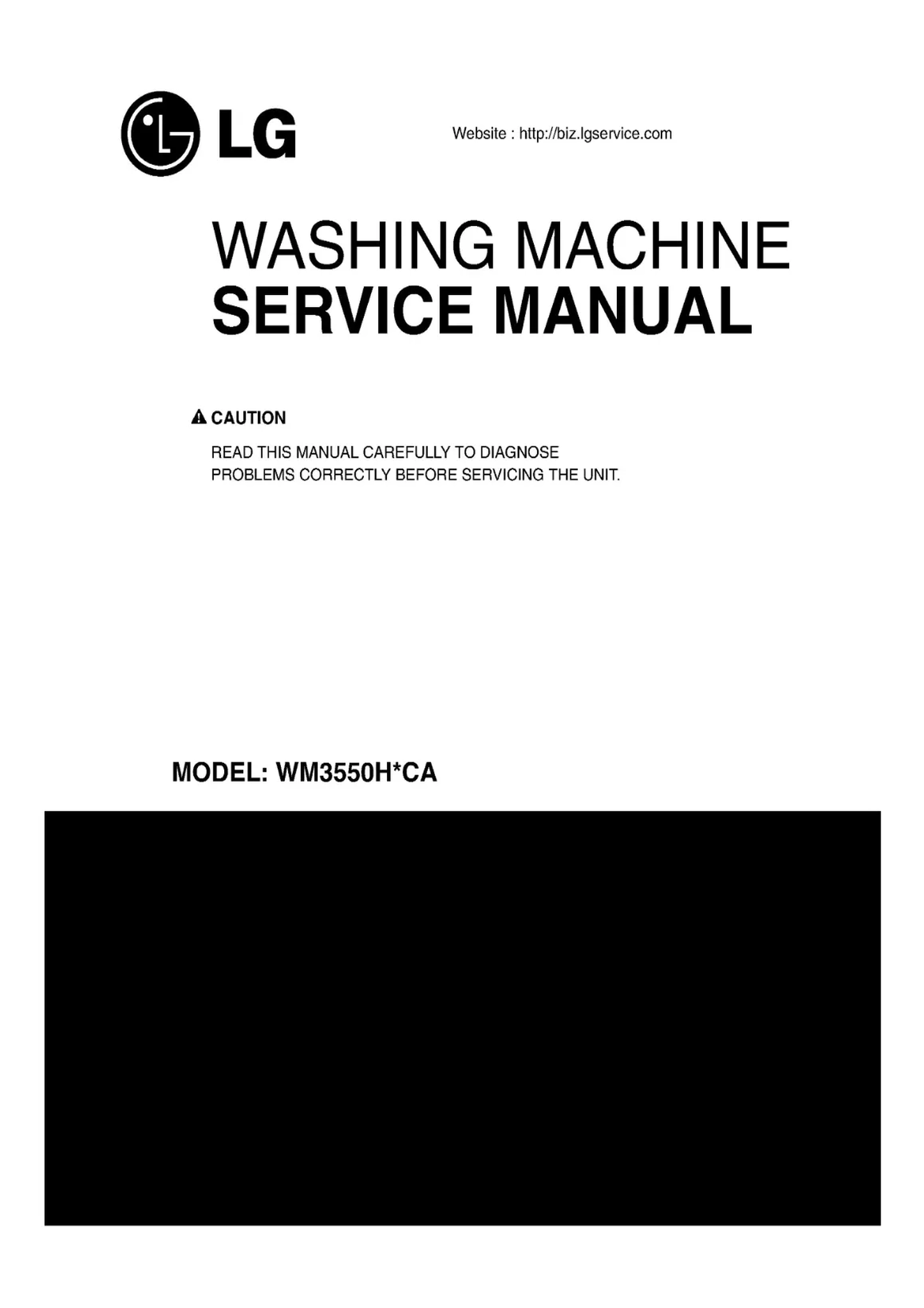 Lg wm3550hvca service manual cover with LG logo, service website path, washer model codes and service caution notice