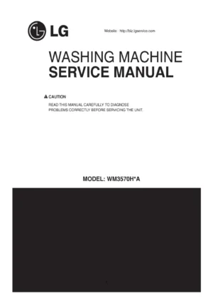 Lg wm3570h wm3570hwa wm3570hva service manual cover with LG logo, service website path, washer model codes and service caution notice