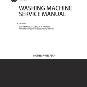 Lg wm3575cv wm3575cw service manual cover with LG logo, service website path, washer model codes and service caution notice