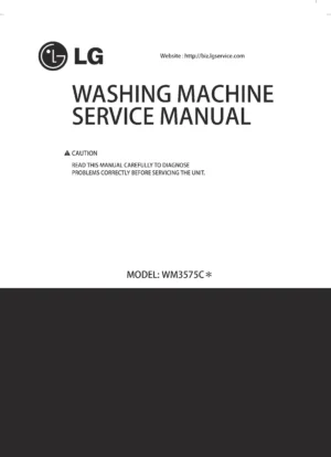 Lg wm3575cv wm3575cw service manual cover with LG logo, service website path, washer model codes and service caution notice