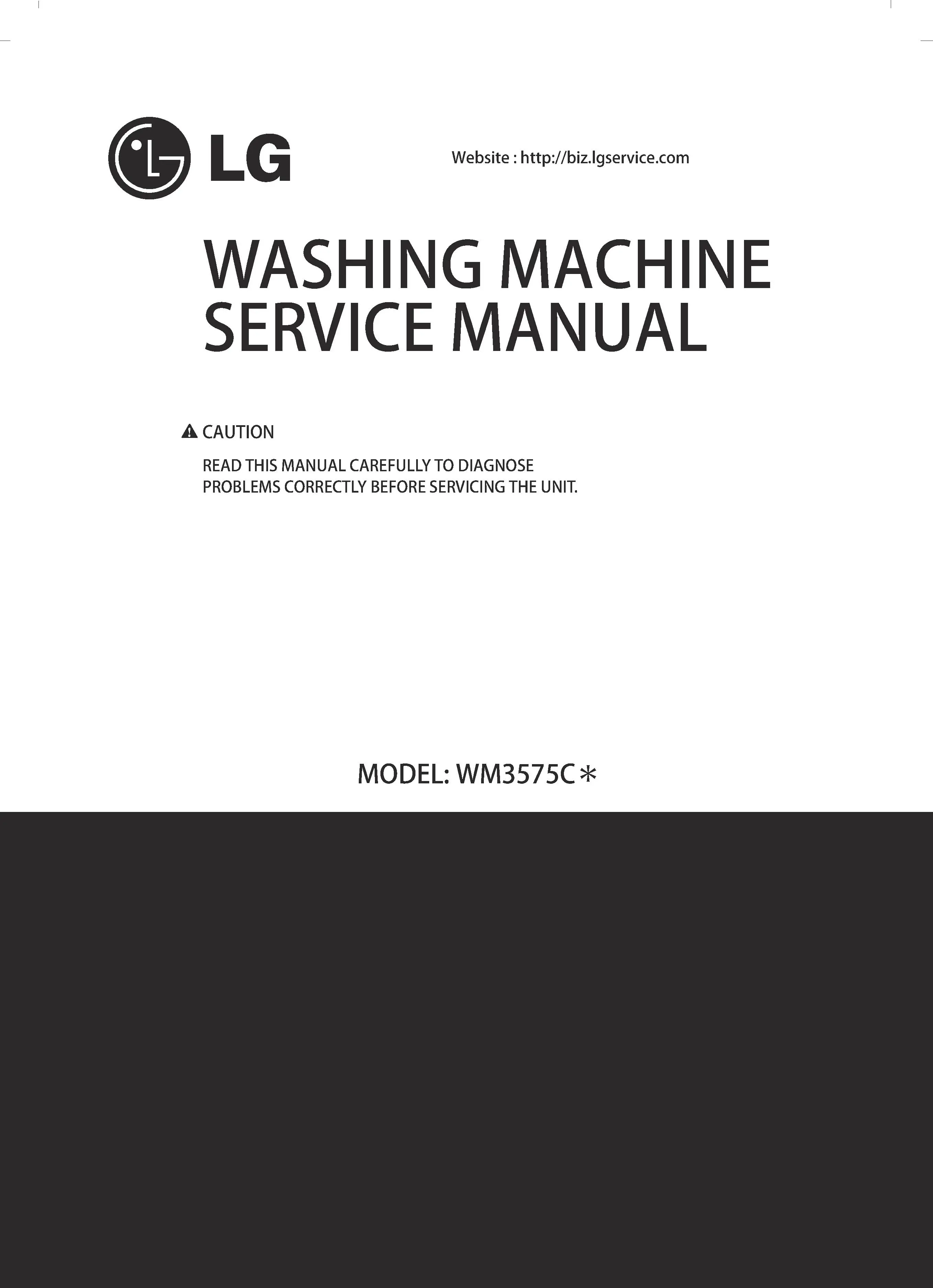 Lg wm3575cv wm3575cw service manual cover with LG logo, service website path, washer model codes and service caution notice