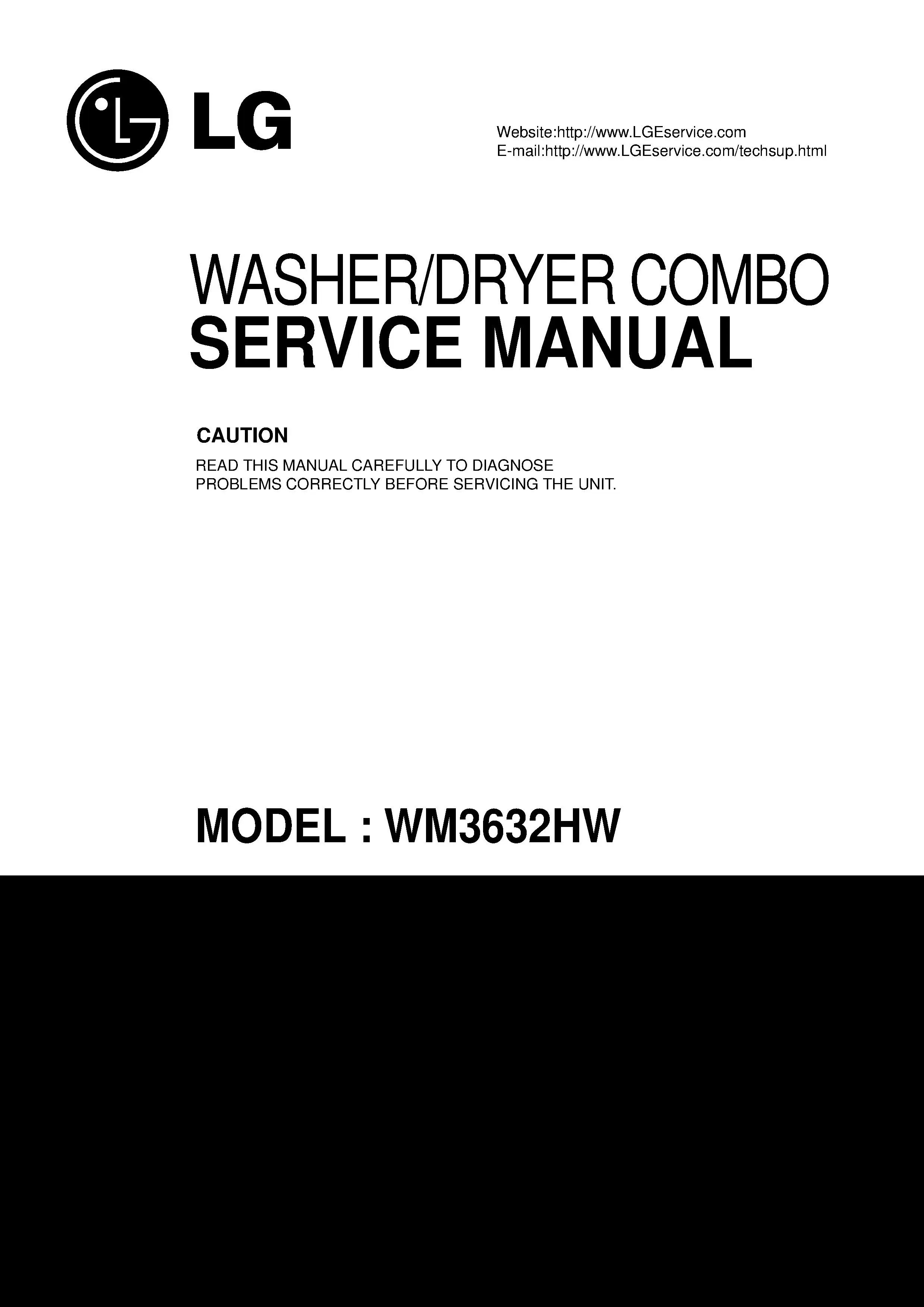 Lg wm3632h service manual cover with LG logo, service website path, washer model codes and service caution notice