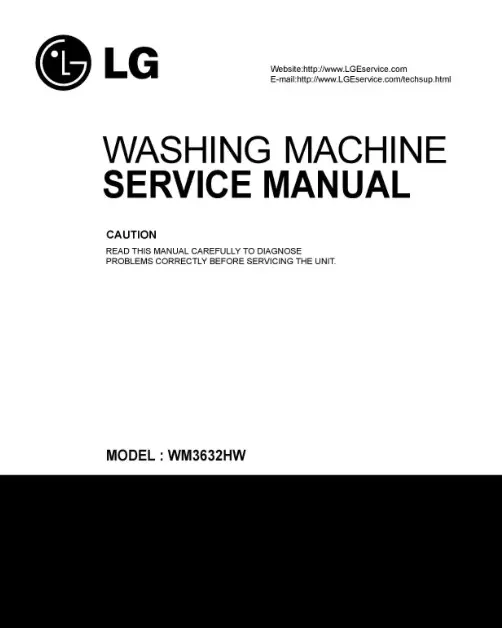 Lg wm3632hw service manual cover with LG logo, service website path, washer model codes and service caution notice