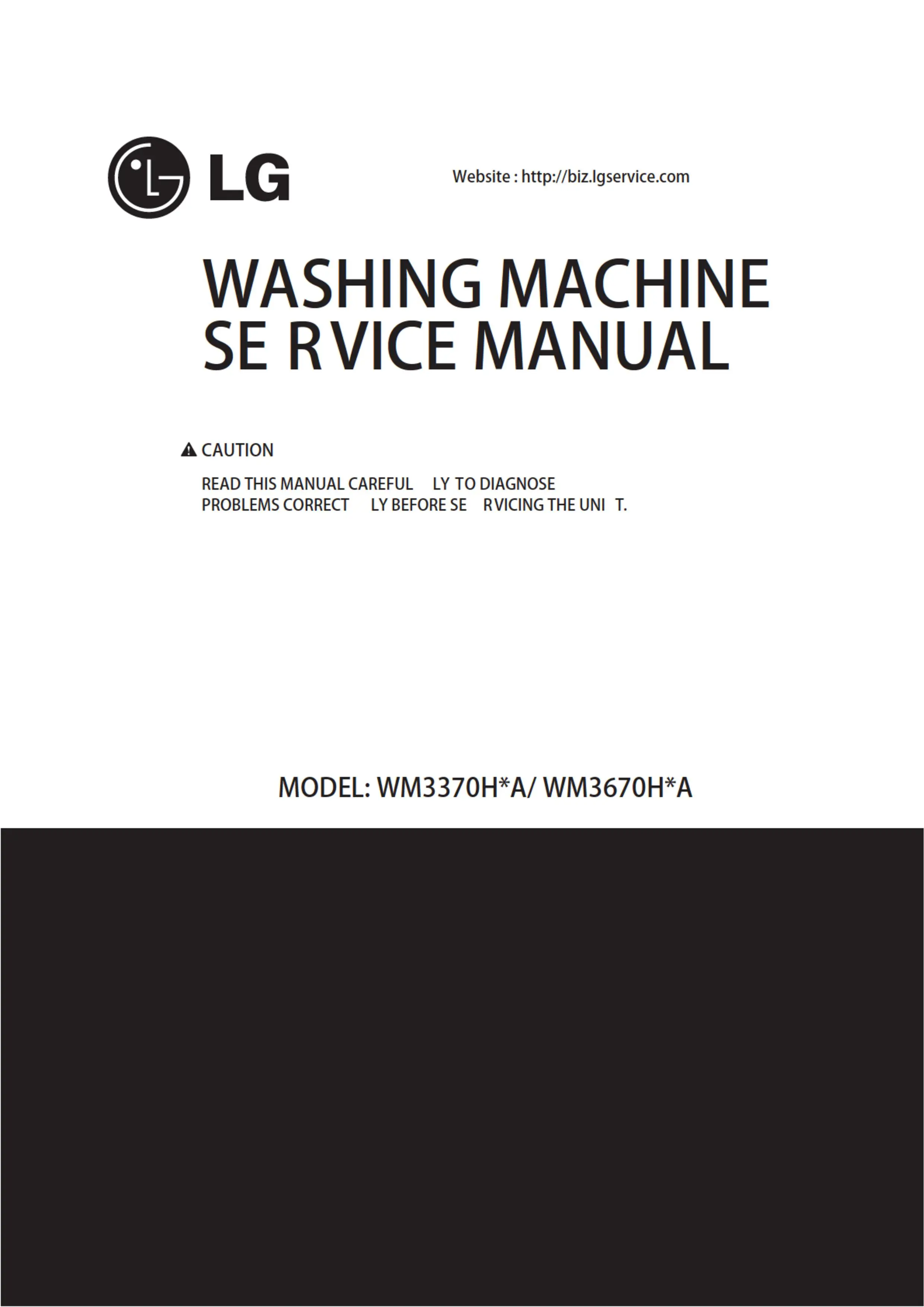 Lg wm3670hwa wm3670hva wm3670hra service manual cover with LG logo, service website path, washer model codes and service caution notice