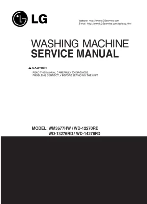Lg wm3677hw wd12270rd wd13276rd wd14276rd service manual cover with LG logo, service website path, washer model codes and service caution notice
