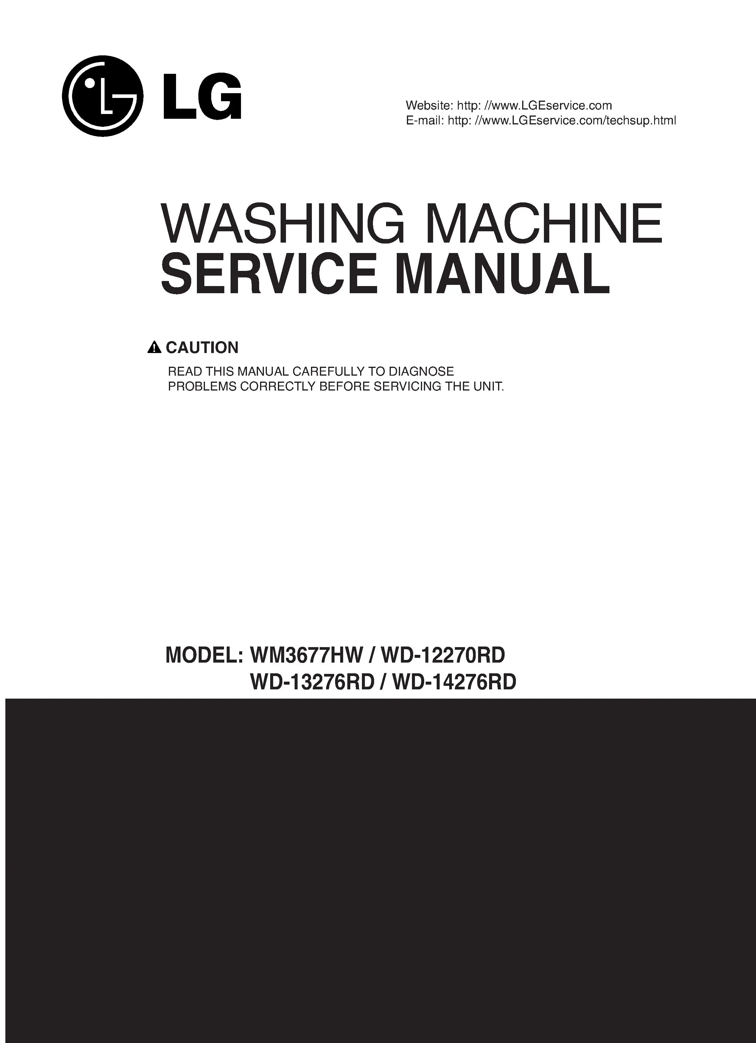 Lg wm3677hw wd12270rd wd13276rd wd14276rd service manual cover with LG logo, service website path, washer model codes and service caution notice