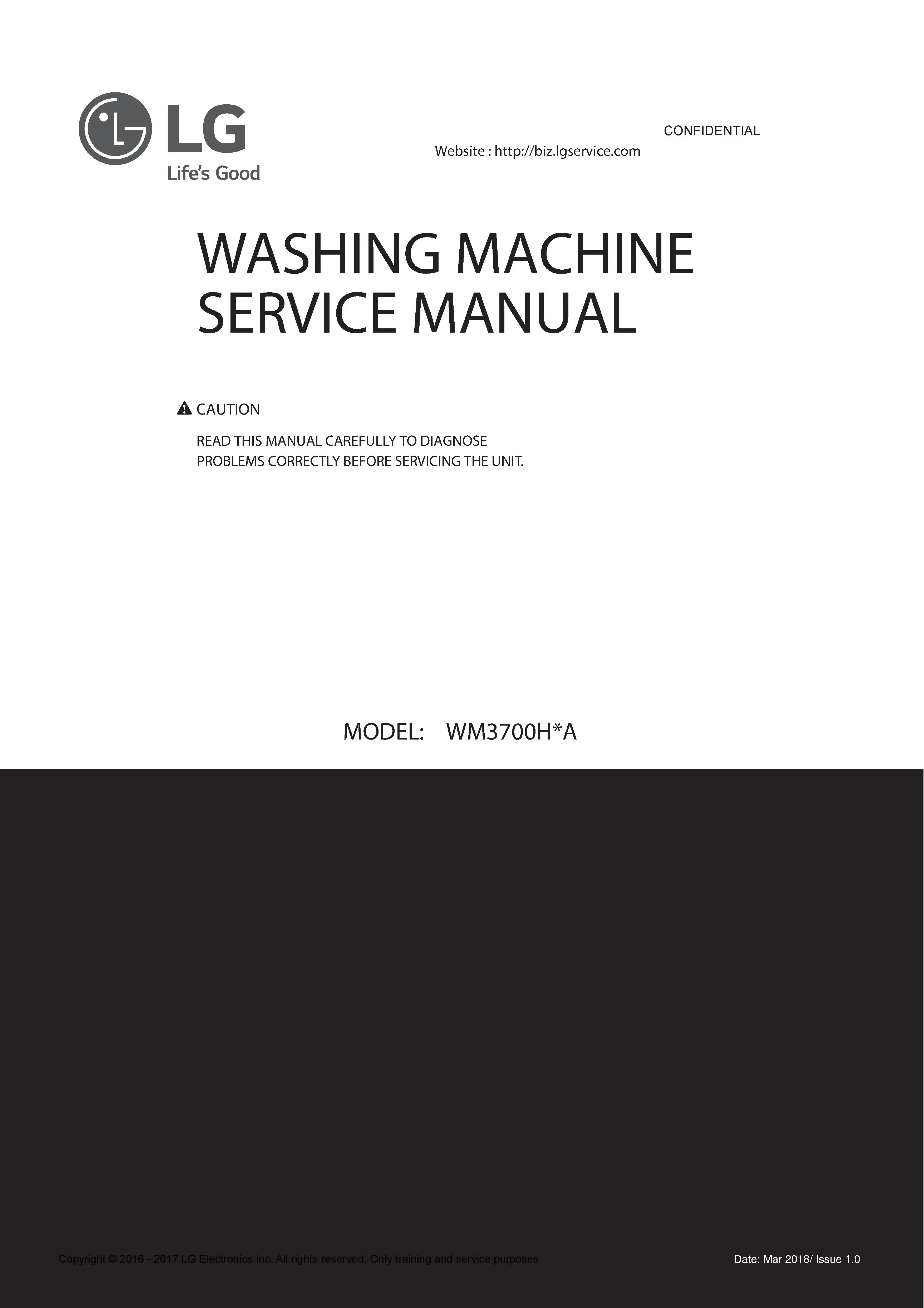 Lg wm3700hra wm3700hwa wm3700hva service manual cover with LG logo, service website path, washer model codes and service caution notice