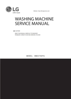 Lg wm3770h wm3770hva wm3770hwa service manual cover with LG logo, service website path, washer model codes and service caution notice