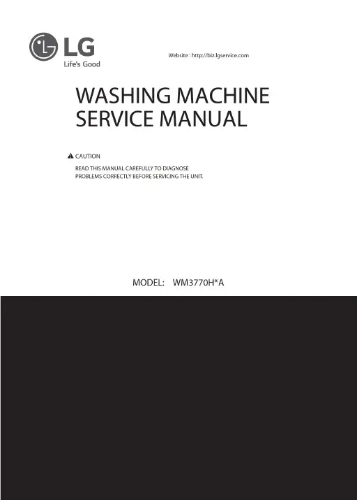 Lg wm3770h wm3770hva wm3770hwa service manual cover with LG logo, service website path, washer model codes and service caution notice