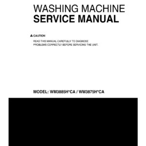 Lg wm3885hcca wm3885hwca wm3875hwca wm3875hvca service manual cover with LG logo, service website path, washer model codes and service caution notice