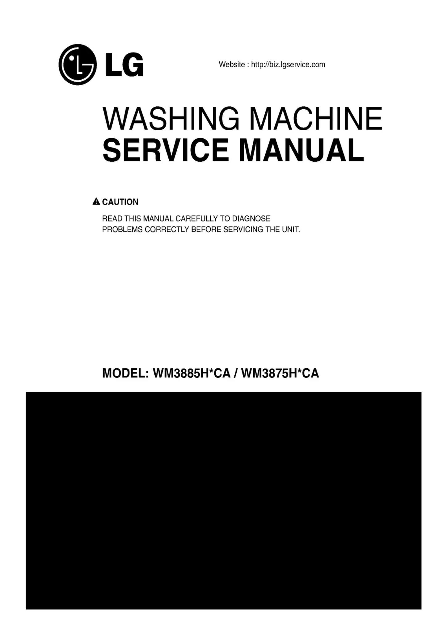 Lg wm3885hcca wm3885hwca wm3875hwca wm3875hvca service manual cover with LG logo, service website path, washer model codes and service caution notice
