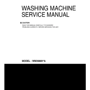 Lg wm3988h wm3988hwa service manual cover with LG logo, service website path, washer model codes and service caution notice