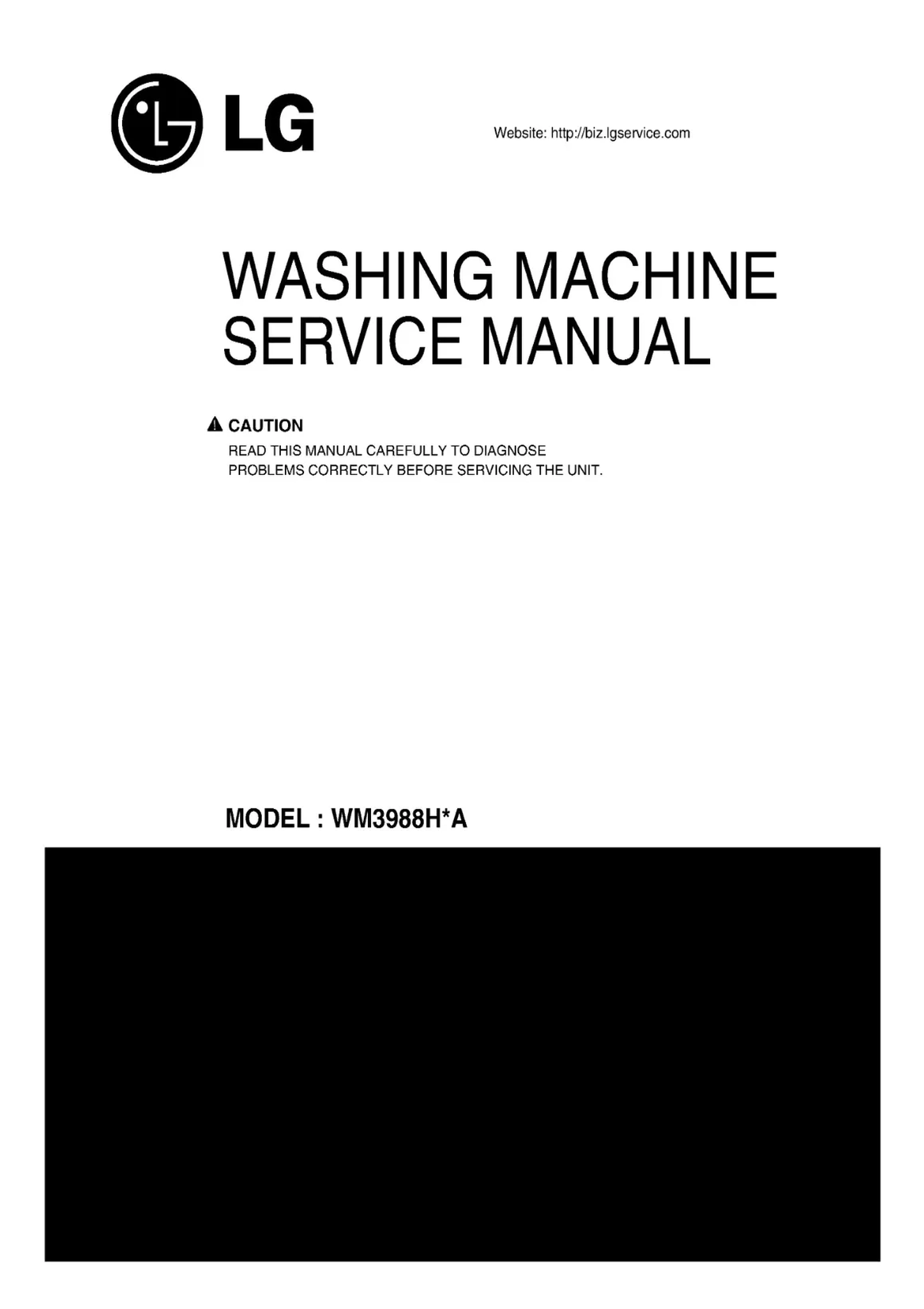 Lg wm3988h wm3988hwa service manual cover with LG logo, service website path, washer model codes and service caution notice