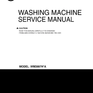 Lg wm3997hwa service manual cover with LG logo, service website path, washer model codes and service caution notice
