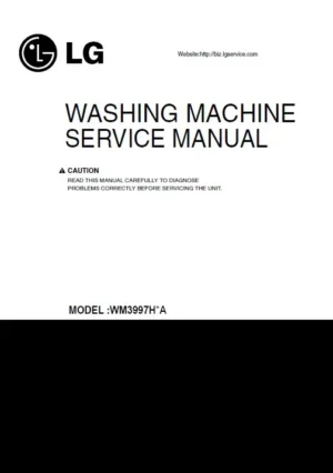 Lg wm3997hwa wm3997hva service manual cover with LG logo, service website path, washer model codes and service caution notice