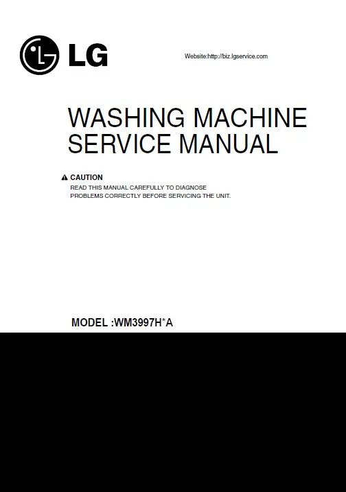 Lg wm3997hwa wm3997hva service manual cover with LG logo, service website path, washer model codes and service caution notice
