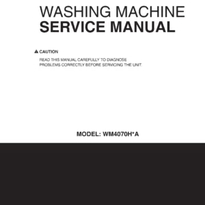 Lg wm4070hva service manual cover with LG logo, service website path, washer model codes and service caution notice