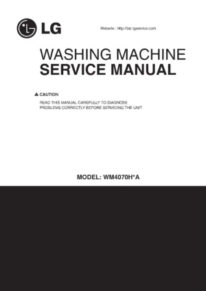 Lg wm4070hva service manual cover with LG logo, service website path, washer model codes and service caution notice
