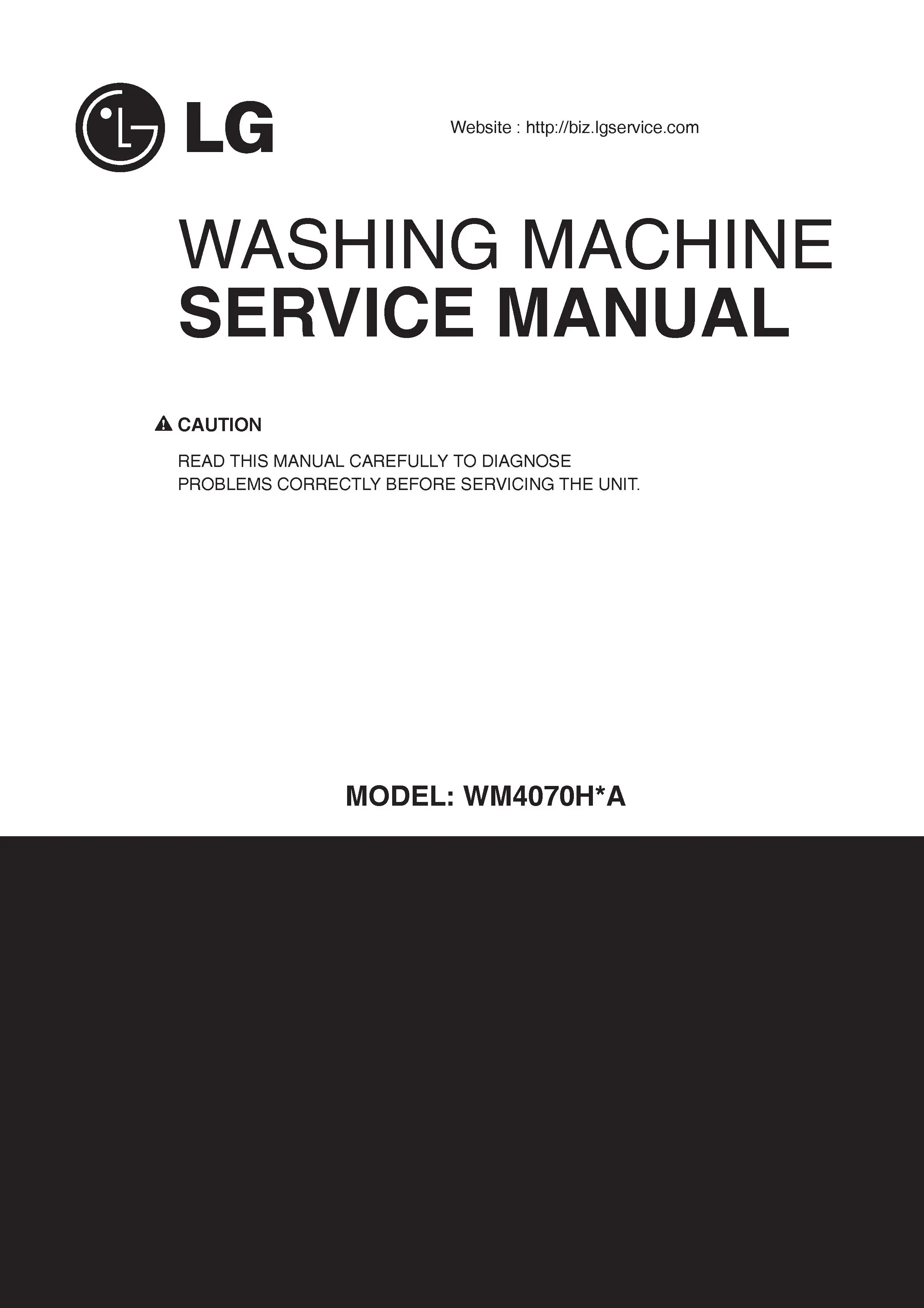 Lg wm4070hva service manual cover with LG logo, service website path, washer model codes and service caution notice
