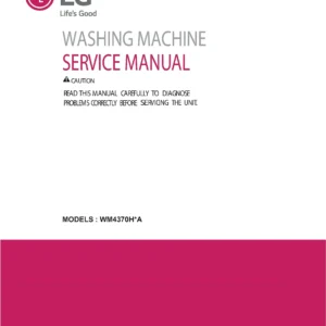Lg wm4370h wm4370hka wm4370hwa service manual cover with LG logo, service website path, washer model codes and service caution notice