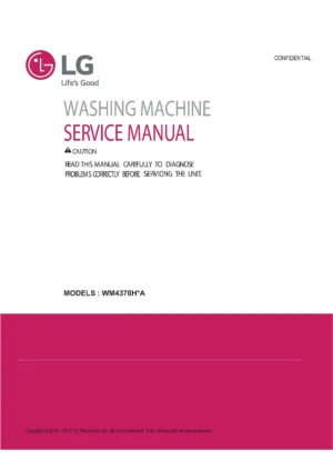 Lg wm4370h wm4370hka wm4370hwa service manual cover with LG logo, service website path, washer model codes and service caution notice