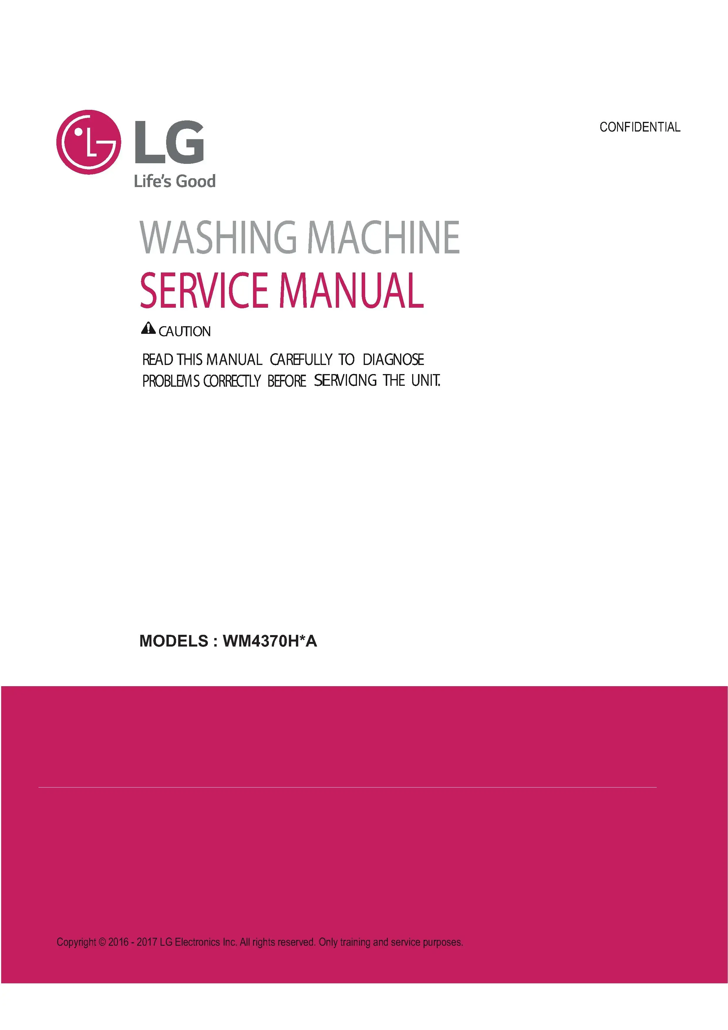 Lg wm4370h wm4370hka wm4370hwa service manual cover with LG logo, service website path, washer model codes and service caution notice